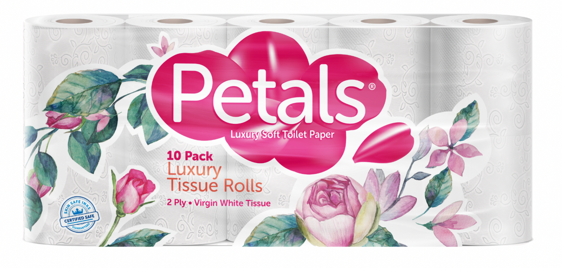  Petals Toilet Tissue - 150 Sheets  100% Virgin Soft  2 Ply - Ten Pack - Coloured Baby Pink